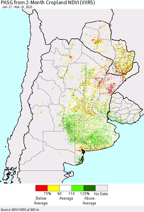 Southern South America PASG from 2-Month Cropland NDVI (VIIRS) Thematic Map For 3/14/2022 - 3/21/2022