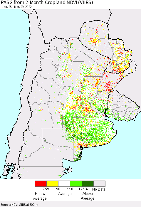Southern South America PASG from 2-Month Cropland NDVI (VIIRS) Thematic Map For 3/22/2022 - 3/29/2022