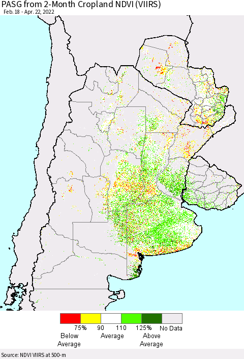 Southern South America PASG from 2-Month Cropland NDVI (VIIRS) Thematic Map For 4/15/2022 - 4/22/2022