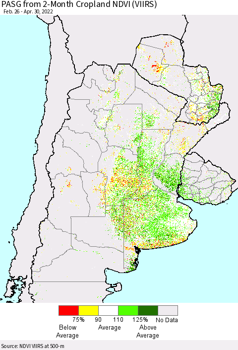 Southern South America PASG from 2-Month Cropland NDVI (VIIRS) Thematic Map For 4/21/2022 - 4/30/2022