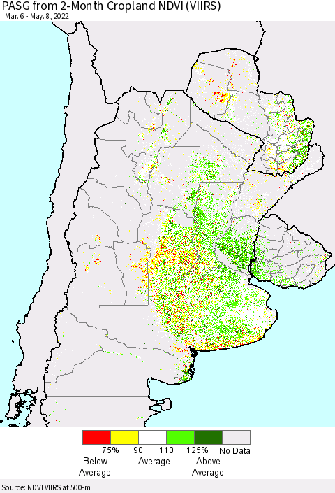 Southern South America PASG from 2-Month Cropland NDVI (VIIRS) Thematic Map For 5/1/2022 - 5/8/2022