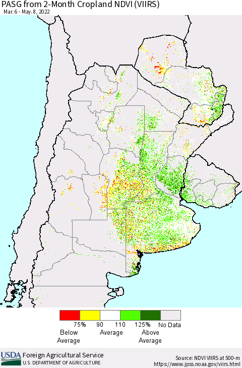 Southern South America PASG from 2-Month Cropland NDVI (VIIRS) Thematic Map For 5/1/2022 - 5/10/2022