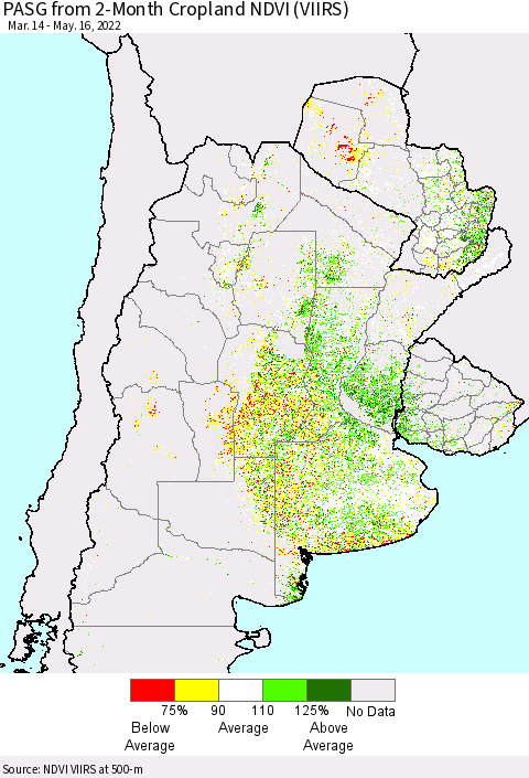 Southern South America PASG from 2-Month Cropland NDVI (VIIRS) Thematic Map For 5/9/2022 - 5/16/2022