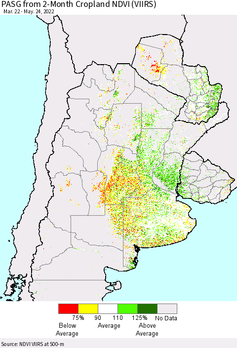 Southern South America PASG from 2-Month Cropland NDVI (VIIRS) Thematic Map For 5/17/2022 - 5/24/2022