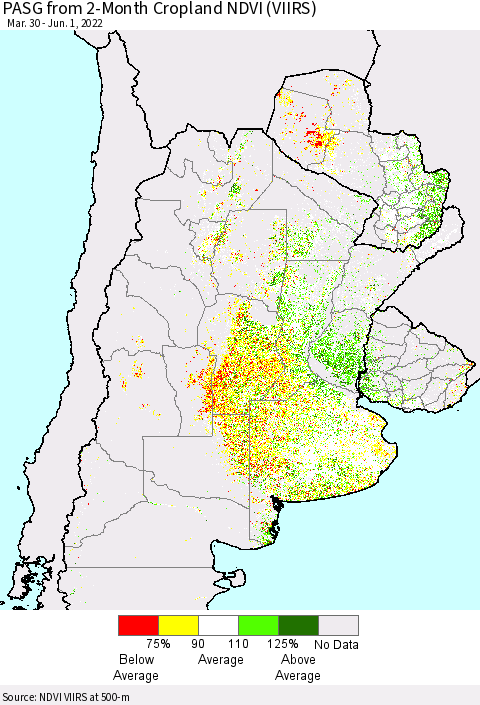 Southern South America PASG from 2-Month Cropland NDVI (VIIRS) Thematic Map For 5/25/2022 - 6/1/2022