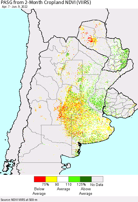 Southern South America PASG from 2-Month Cropland NDVI (VIIRS) Thematic Map For 6/2/2022 - 6/9/2022