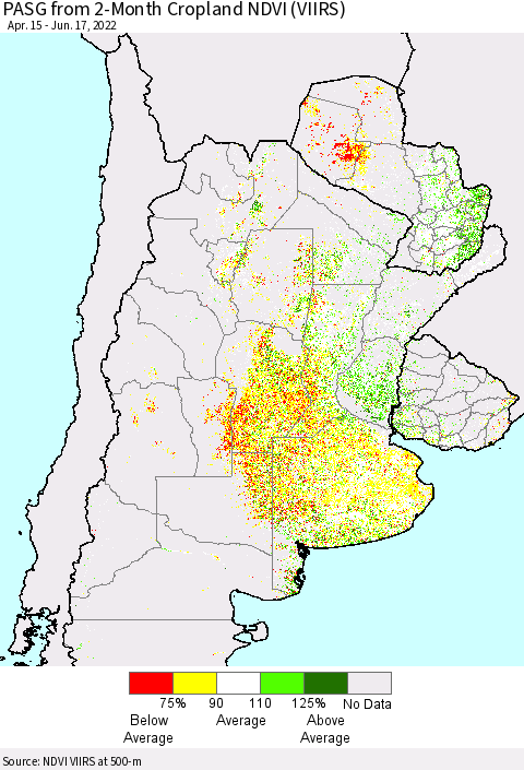 Southern South America PASG from 2-Month Cropland NDVI (VIIRS) Thematic Map For 6/10/2022 - 6/17/2022