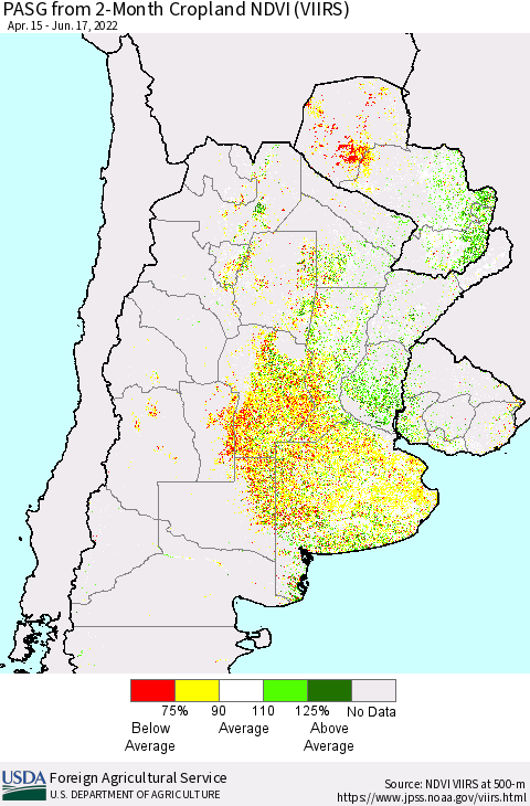 Southern South America PASG from 2-Month Cropland NDVI (VIIRS) Thematic Map For 6/11/2022 - 6/20/2022