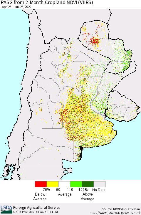 Southern South America PASG from 2-Month Cropland NDVI (VIIRS) Thematic Map For 6/21/2022 - 6/30/2022