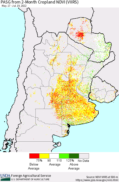 Southern South America PASG from 2-Month Cropland NDVI (VIIRS) Thematic Map For 7/11/2022 - 7/20/2022