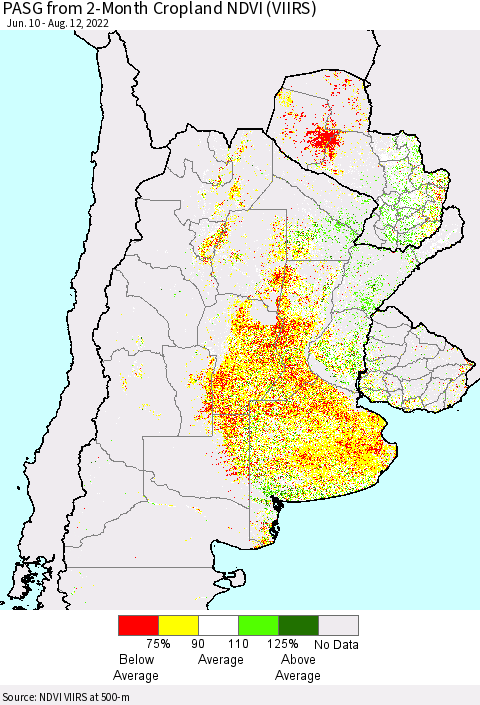 Southern South America PASG from 2-Month Cropland NDVI (VIIRS) Thematic Map For 8/5/2022 - 8/12/2022