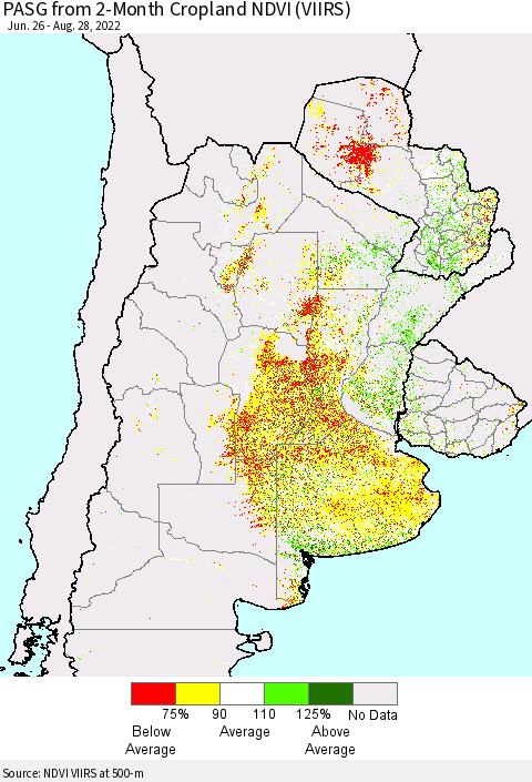 Southern South America PASG from 2-Month Cropland NDVI (VIIRS) Thematic Map For 8/21/2022 - 8/28/2022