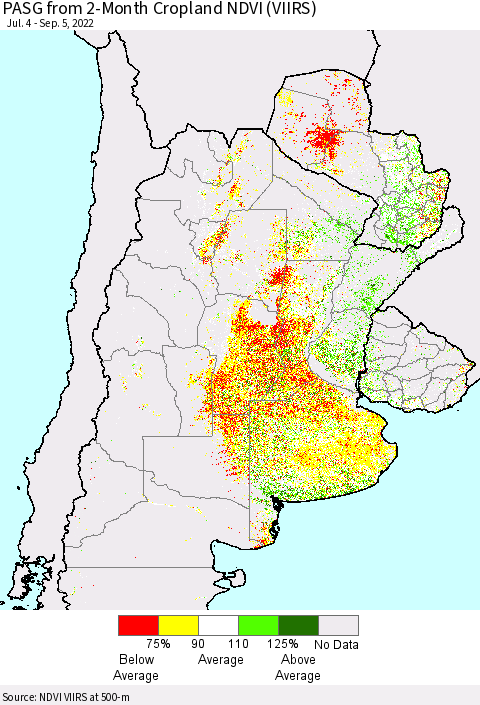 Southern South America PASG from 2-Month Cropland NDVI (VIIRS) Thematic Map For 8/29/2022 - 9/5/2022