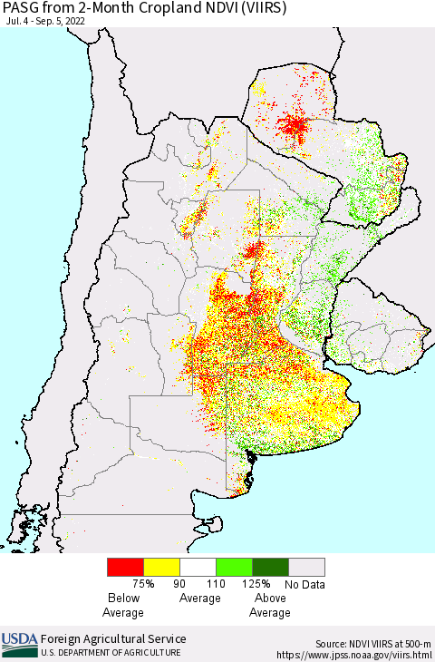 Southern South America PASG from 2-Month Cropland NDVI (VIIRS) Thematic Map For 9/1/2022 - 9/10/2022