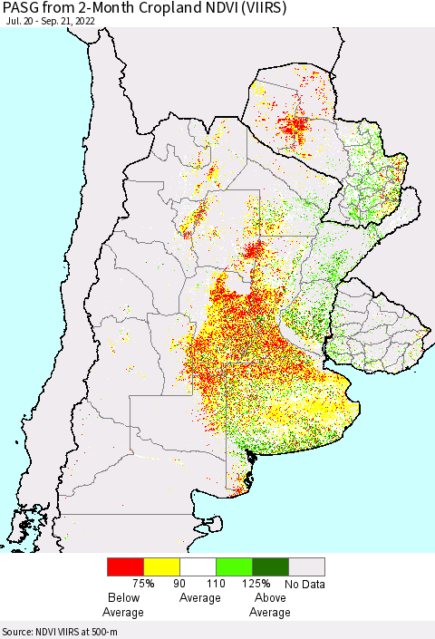 Southern South America PASG from 2-Month Cropland NDVI (VIIRS) Thematic Map For 9/14/2022 - 9/21/2022
