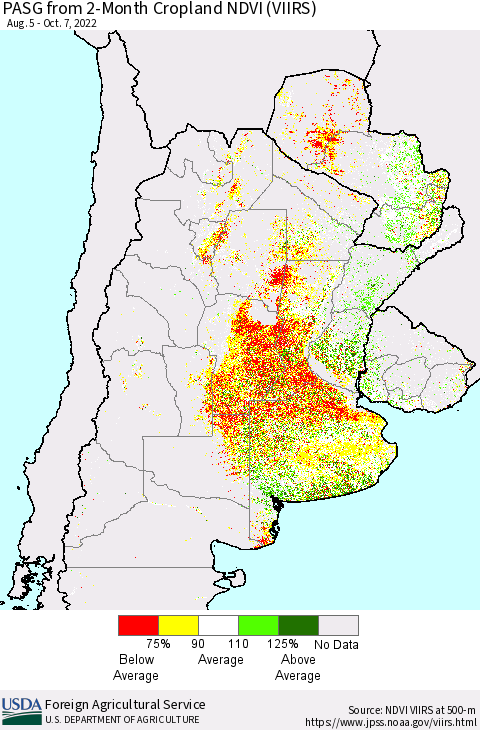 Southern South America PASG from 2-Month Cropland NDVI (VIIRS) Thematic Map For 10/1/2022 - 10/10/2022