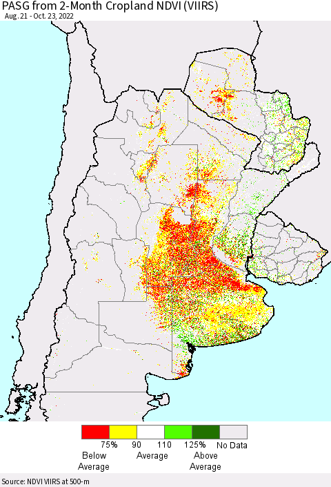 Southern South America PASG from 2-Month Cropland NDVI (VIIRS) Thematic Map For 10/16/2022 - 10/23/2022