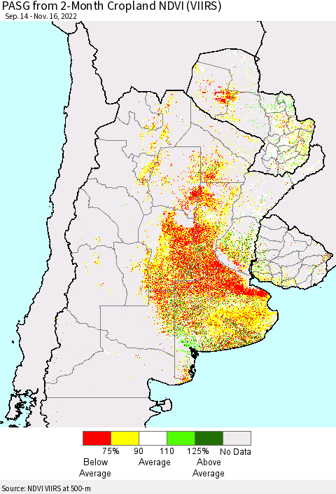 Southern South America PASG from 2-Month Cropland NDVI (VIIRS) Thematic Map For 11/9/2022 - 11/16/2022