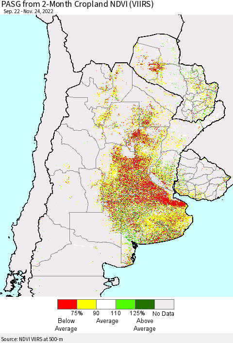 Southern South America PASG from 2-Month Cropland NDVI (VIIRS) Thematic Map For 11/17/2022 - 11/24/2022