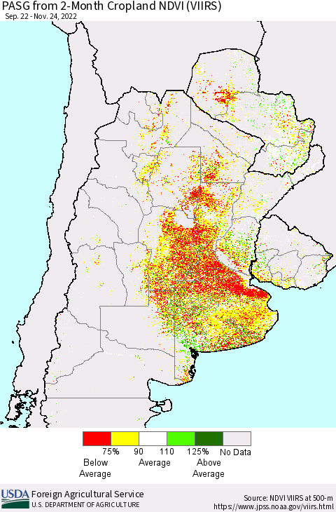 Southern South America PASG from 2-Month Cropland NDVI (VIIRS) Thematic Map For 11/21/2022 - 11/30/2022