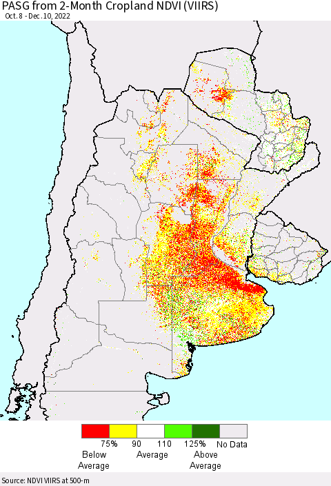 Southern South America PASG from 2-Month Cropland NDVI (VIIRS) Thematic Map For 12/3/2022 - 12/10/2022