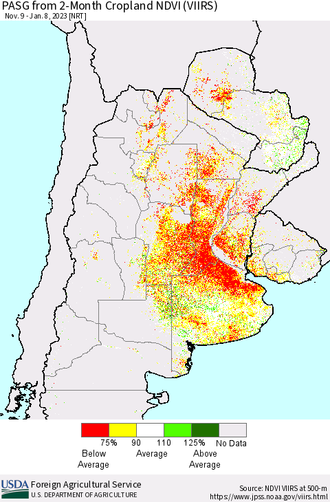 Southern South America PASG from 2-Month Cropland NDVI (VIIRS) Thematic Map For 1/1/2023 - 1/10/2023