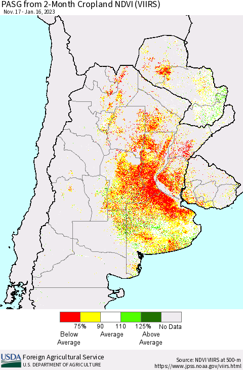 Southern South America PASG from 2-Month Cropland NDVI (VIIRS) Thematic Map For 1/11/2023 - 1/20/2023