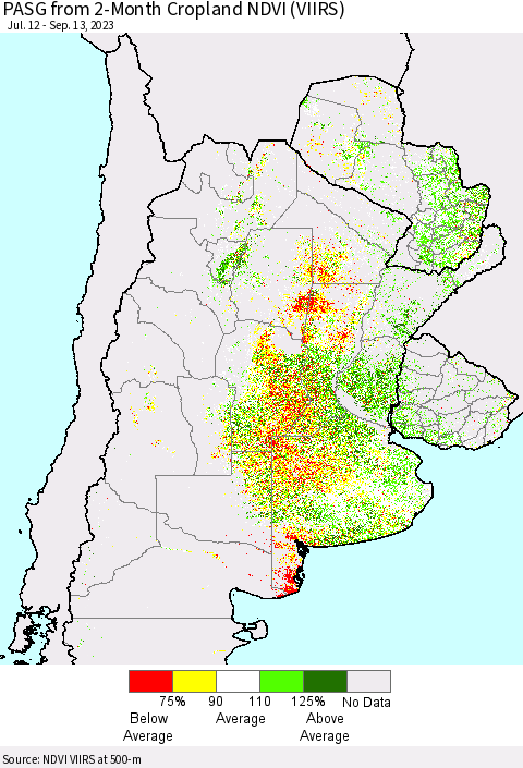 Southern South America PASG from 2-Month Cropland NDVI (VIIRS) Thematic Map For 9/6/2023 - 9/13/2023