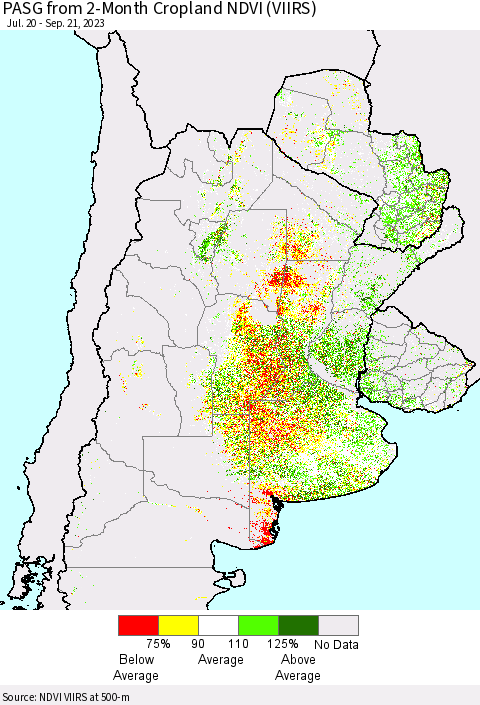 Southern South America PASG from 2-Month Cropland NDVI (VIIRS) Thematic Map For 9/14/2023 - 9/21/2023