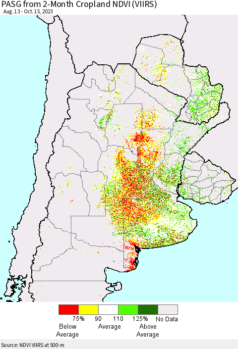 Southern South America PASG from 2-Month Cropland NDVI (VIIRS) Thematic Map For 10/8/2023 - 10/15/2023