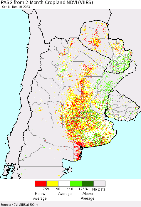 Southern South America PASG from 2-Month Cropland NDVI (VIIRS) Thematic Map For 12/3/2023 - 12/10/2023