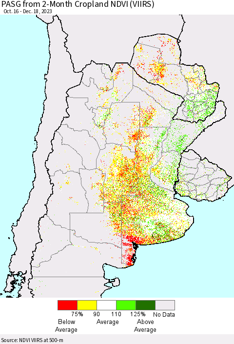 Southern South America PASG from 2-Month Cropland NDVI (VIIRS) Thematic Map For 12/11/2023 - 12/18/2023
