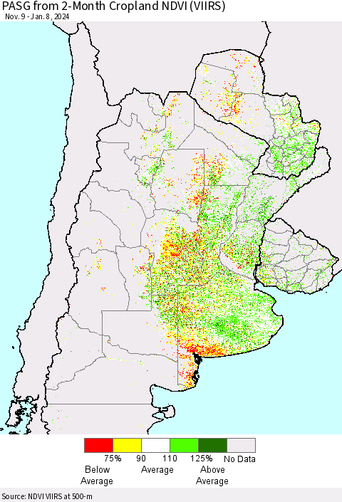 Southern South America PASG from 2-Month Cropland NDVI (VIIRS) Thematic Map For 1/1/2024 - 1/8/2024