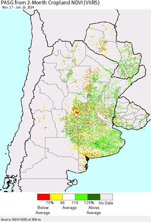 Southern South America PASG from 2-Month Cropland NDVI (VIIRS) Thematic Map For 1/9/2024 - 1/16/2024