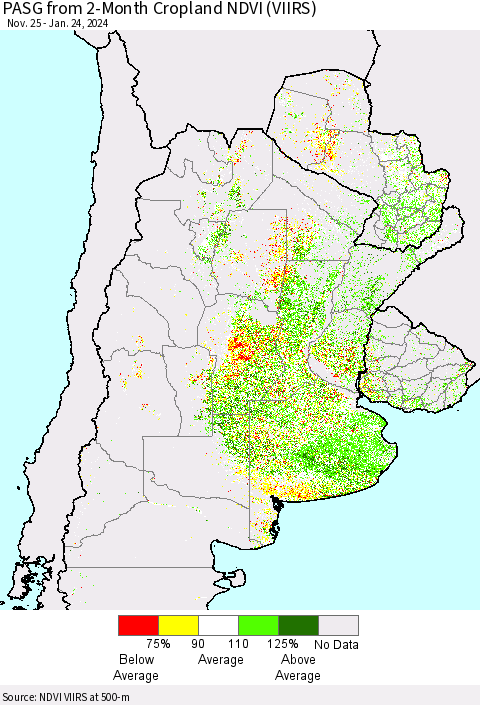 Southern South America PASG from 2-Month Cropland NDVI (VIIRS) Thematic Map For 1/17/2024 - 1/24/2024
