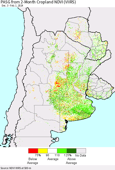 Southern South America PASG from 2-Month Cropland NDVI (VIIRS) Thematic Map For 1/25/2024 - 2/1/2024