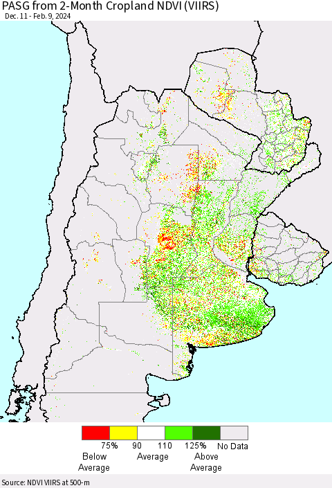 Southern South America PASG from 2-Month Cropland NDVI (VIIRS) Thematic Map For 2/2/2024 - 2/9/2024