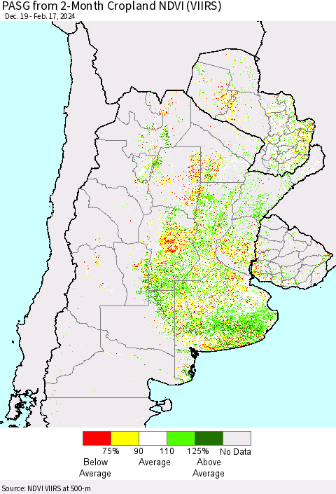 Southern South America PASG from 2-Month Cropland NDVI (VIIRS) Thematic Map For 2/10/2024 - 2/17/2024