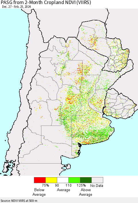 Southern South America PASG from 2-Month Cropland NDVI (VIIRS) Thematic Map For 2/18/2024 - 2/25/2024