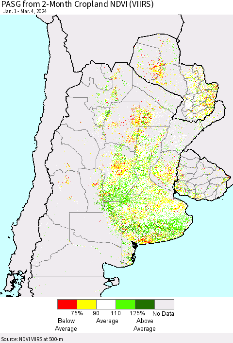 Southern South America PASG from 2-Month Cropland NDVI (VIIRS) Thematic Map For 2/26/2024 - 3/4/2024