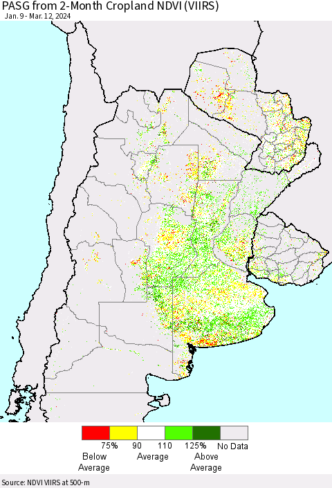 Southern South America PASG from 2-Month Cropland NDVI (VIIRS) Thematic Map For 3/5/2024 - 3/12/2024