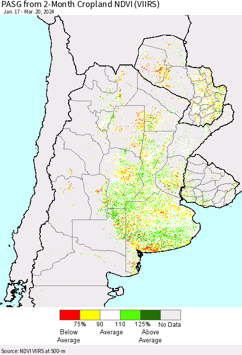 Southern South America PASG from 2-Month Cropland NDVI (VIIRS) Thematic Map For 3/13/2024 - 3/20/2024