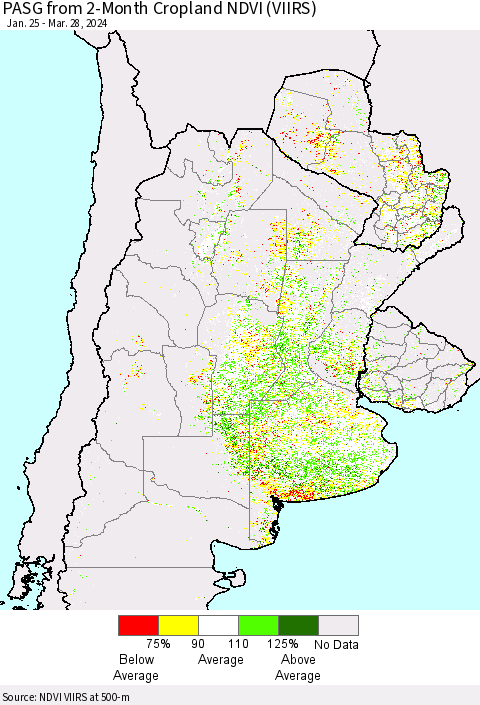 Southern South America PASG from 2-Month Cropland NDVI (VIIRS) Thematic Map For 3/21/2024 - 3/28/2024