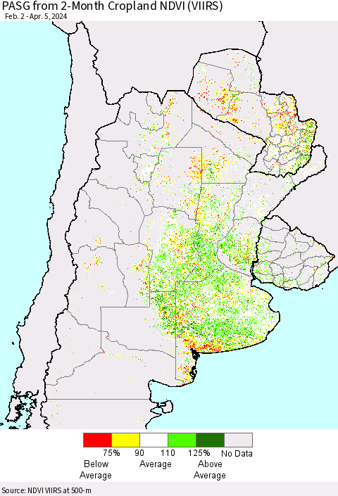 Southern South America PASG from 2-Month Cropland NDVI (VIIRS) Thematic Map For 3/29/2024 - 4/5/2024