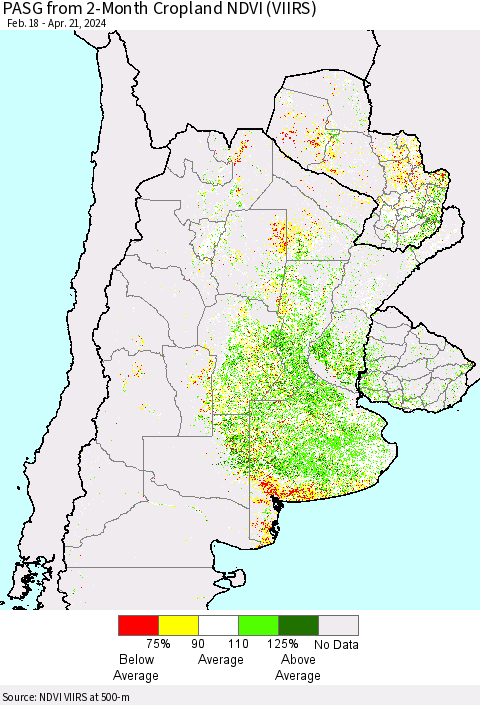 Southern South America PASG from 2-Month Cropland NDVI (VIIRS) Thematic Map For 4/14/2024 - 4/21/2024