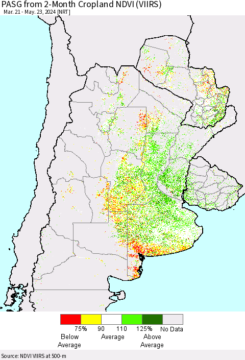 Southern South America PASG from 2-Month Cropland NDVI (VIIRS) Thematic Map For 5/16/2024 - 5/23/2024