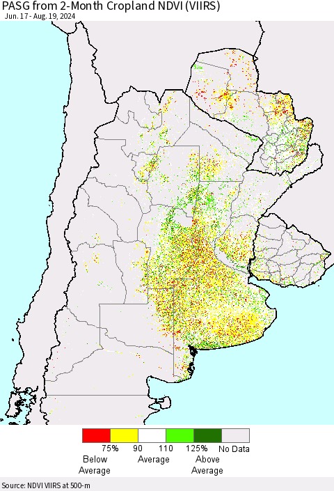 Southern South America PASG from 2-Month Cropland NDVI (VIIRS) Thematic Map For 8/12/2024 - 8/19/2024