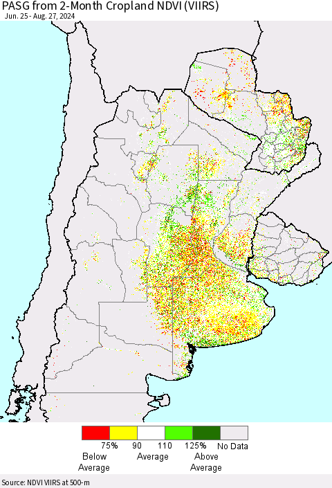 Southern South America PASG from 2-Month Cropland NDVI (VIIRS) Thematic Map For 8/20/2024 - 8/27/2024
