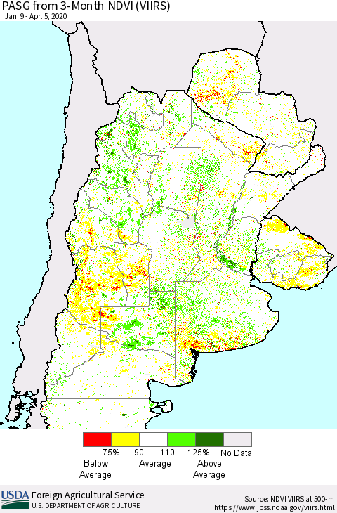 Southern South America PASG from 3-Month NDVI (VIIRS) Thematic Map For 4/1/2020 - 4/10/2020