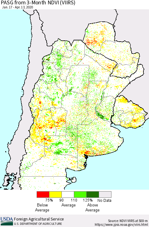 Southern South America PASG from 3-Month NDVI (VIIRS) Thematic Map For 4/11/2020 - 4/20/2020
